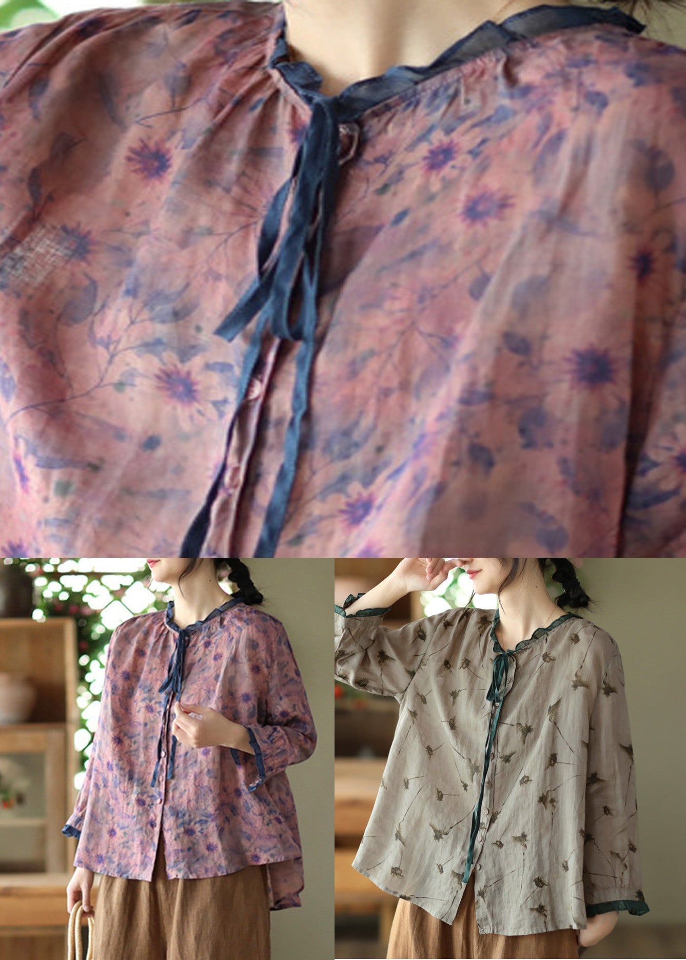 Vintage Grey Neck Tie Print Ramie Tops Long Sleeve LY5073 - fabuloryshop
