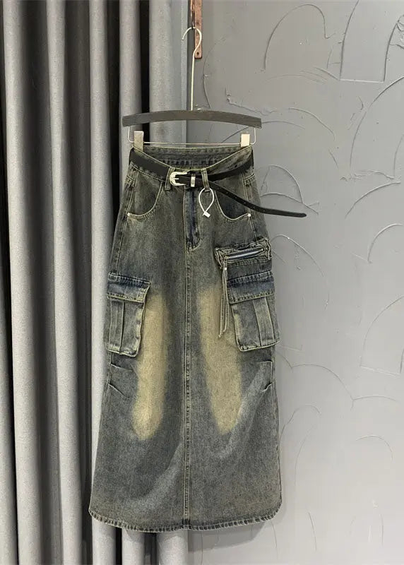 Vintage Grey Patchwork Sashes Pockets Straight Skirts Fall Ada Fashion