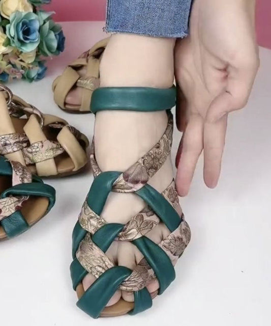 Vintage Hollow Out Splicing Chunky Sandals Green Genuine Leather Print LY1741 - fabuloryshop