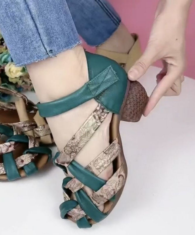 Vintage Hollow Out Splicing Chunky Sandals Green Genuine Leather Print LY1741 - fabuloryshop