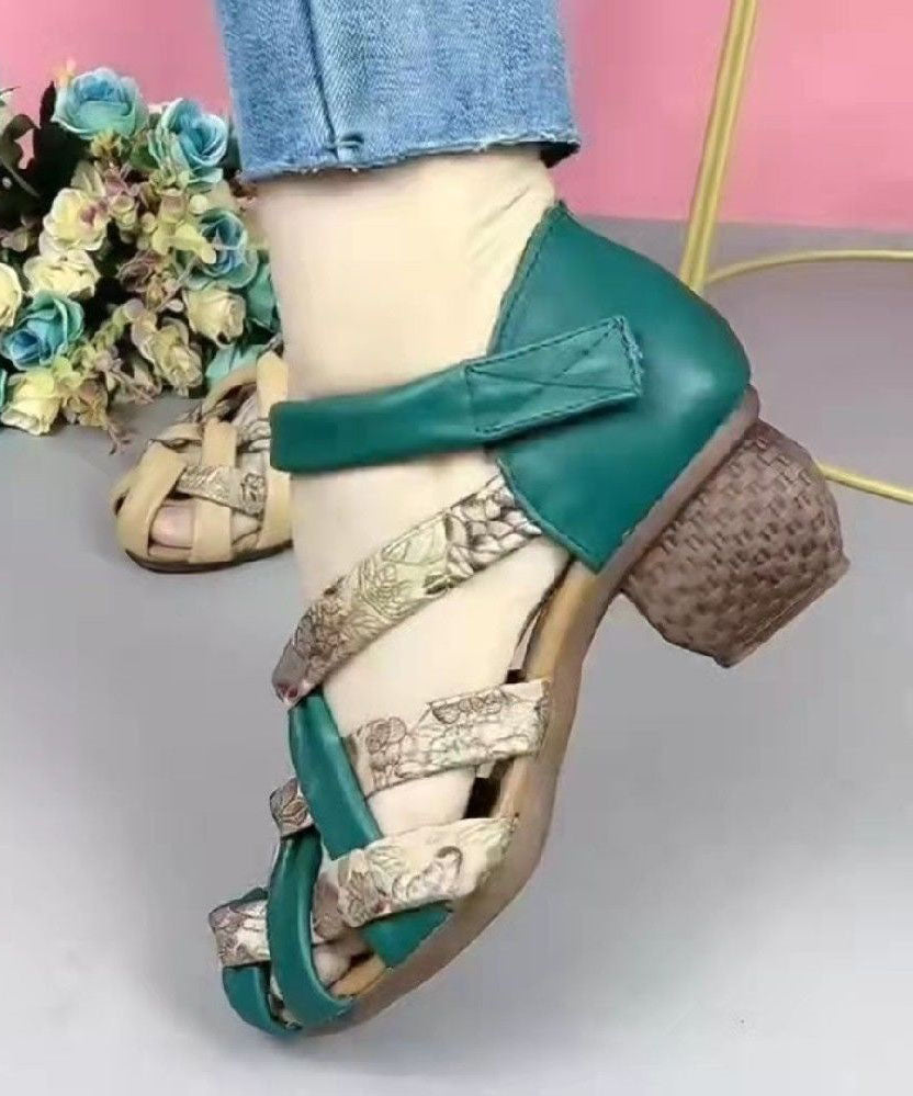 Vintage Hollow Out Splicing Chunky Sandals Green Genuine Leather Print LY1741 - fabuloryshop