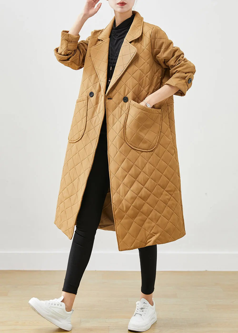 Vintage Khaki Notched Plaid Pockets Cotton Coats Fall Ada Fashion