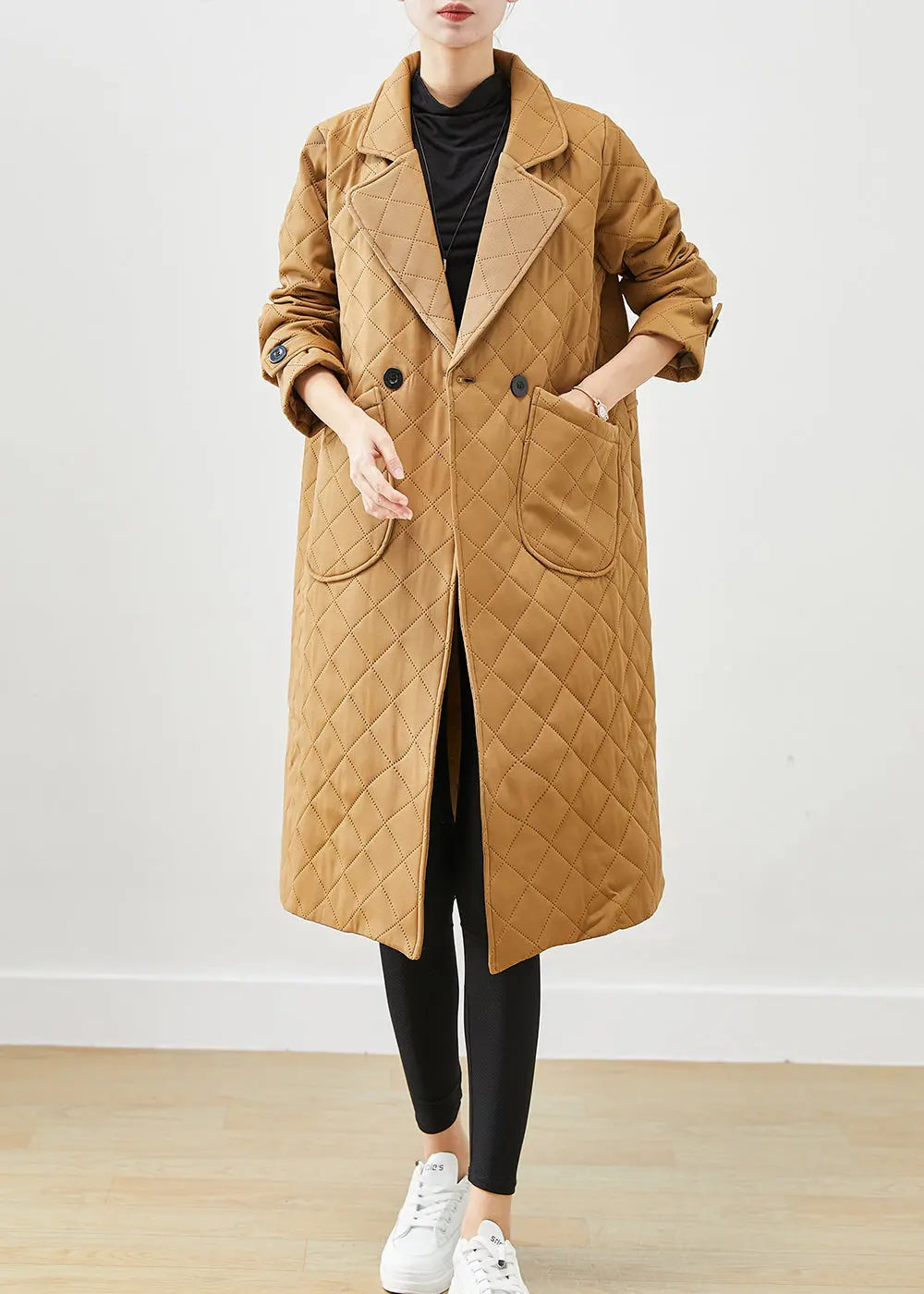 Vintage Khaki Notched Plaid Pockets Cotton Coats Fall Ada Fashion