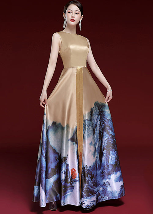 Vintage Khaki Print Lace Up Patchwork Shawl Two Long Dresses Silk Two Pieces Set Summer Ada Fashion