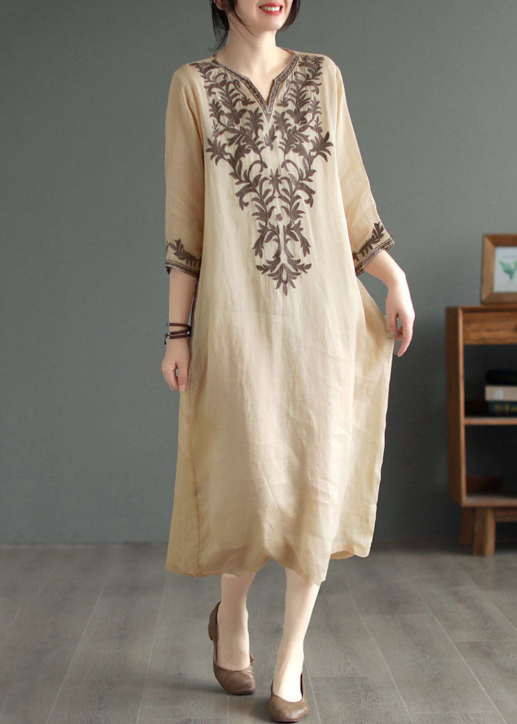 Vintage Khaki V Neck Embroideried Patchwork Linen Dress Summer LY6206 - fabuloryshop