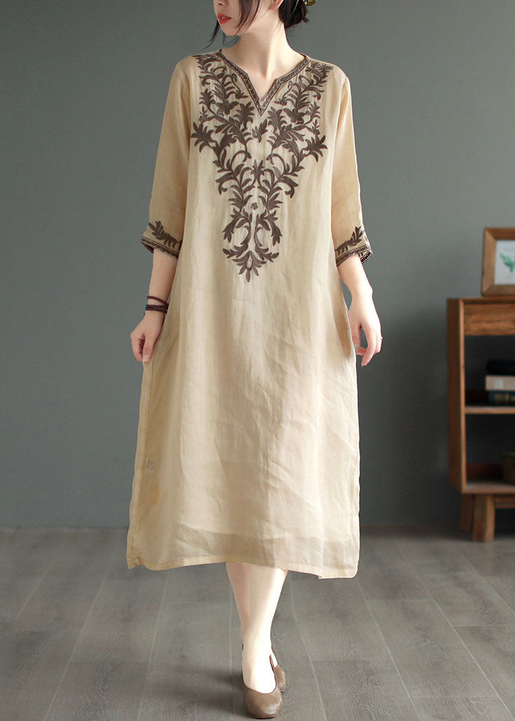 Vintage Khaki V Neck Embroideried Patchwork Linen Dress Summer LY6206 - fabuloryshop