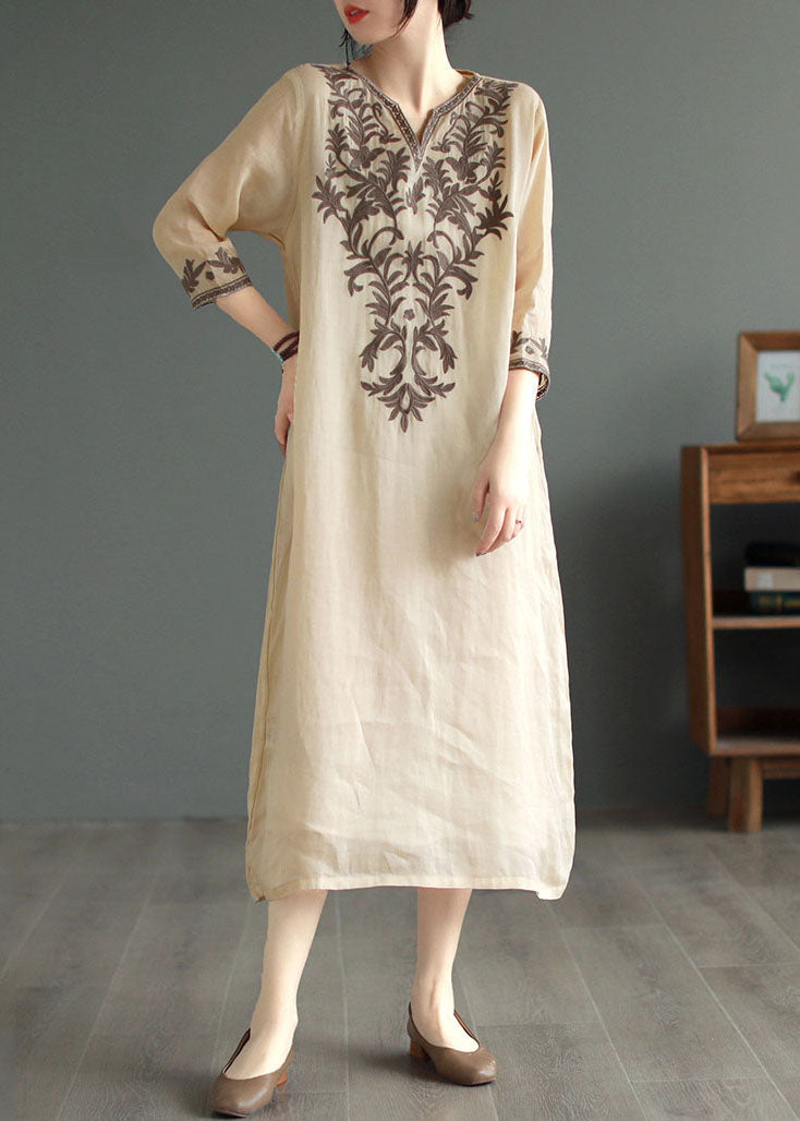 Vintage Khaki V Neck Embroideried Patchwork Linen Dress Summer LY6206 - fabuloryshop