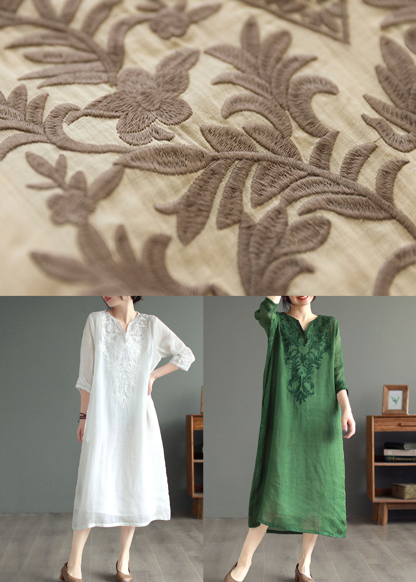 Vintage Khaki V Neck Embroideried Patchwork Linen Dress Summer LY6206 - fabuloryshop