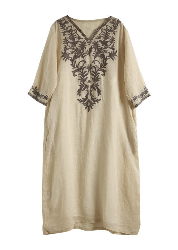 Vintage Khaki V Neck Embroideried Patchwork Linen Dress Summer LY6206 - fabuloryshop