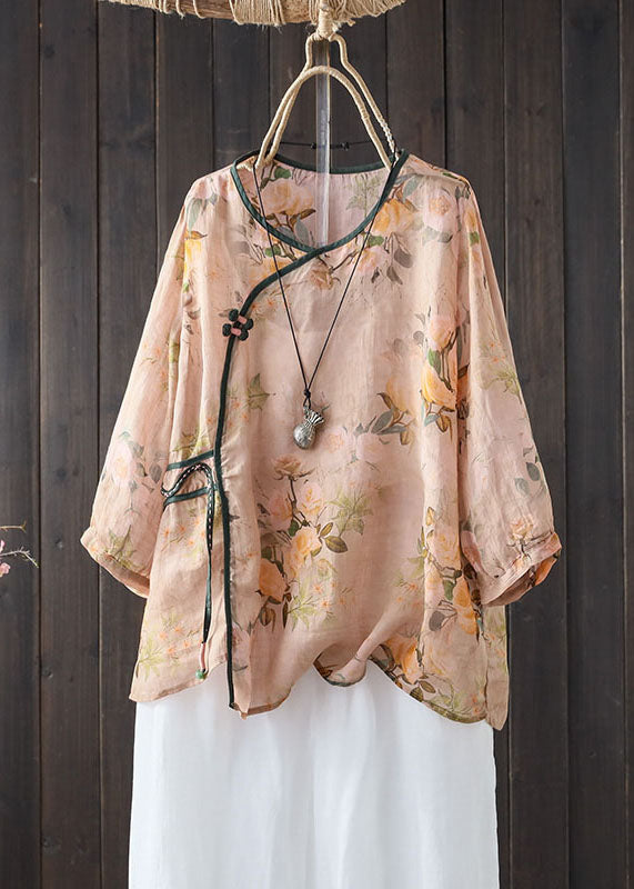 Vintage Khaki V Neck Print Button Patchwork Linen Shirts Summer LY6950 Ada Fashion