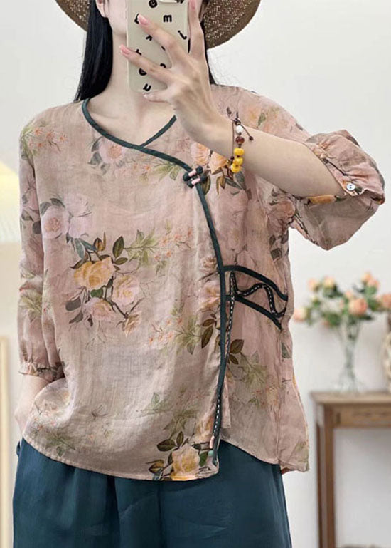 Vintage Khaki V Neck Print Button Patchwork Linen Shirts Summer LY6950 Ada Fashion
