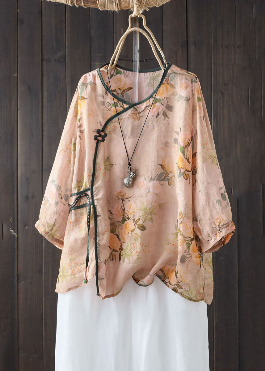 Vintage Khaki V Neck Print Button Patchwork Linen Shirts Summer LY6950 Ada Fashion