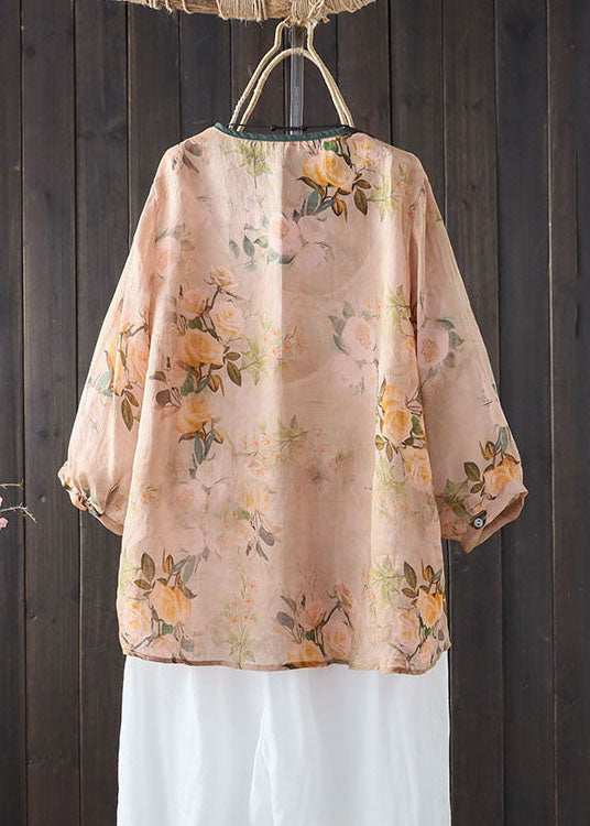Vintage Khaki V Neck Print Button Patchwork Linen Shirts Summer LY6950 Ada Fashion