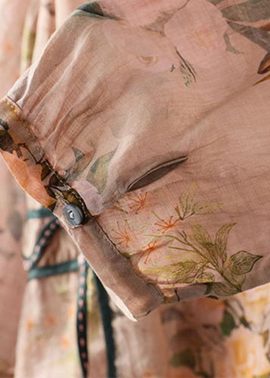Vintage Khaki V Neck Print Button Patchwork Linen Shirts Summer LY6950 Ada Fashion