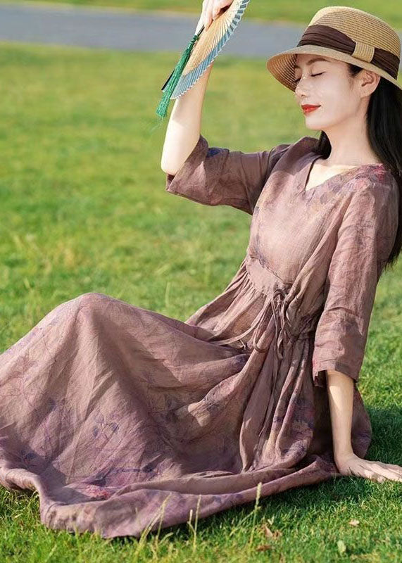 Vintage Khaki V Neck Print Tie Waist Patchwork Linen Dresses Summer LY2558 - fabuloryshop