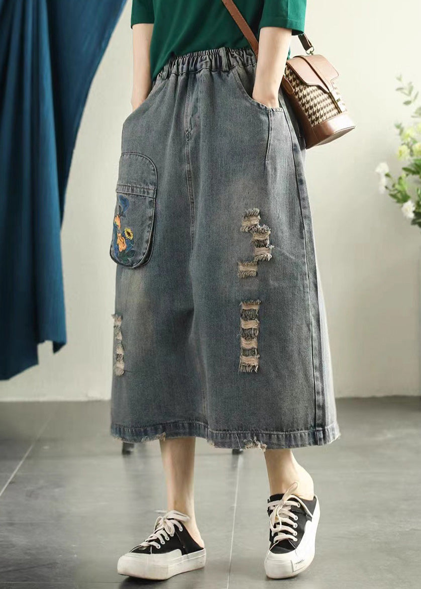 Vintage Light Blue Embroideried Patchwork Cotton Long Skirt Summer Ada Fashion