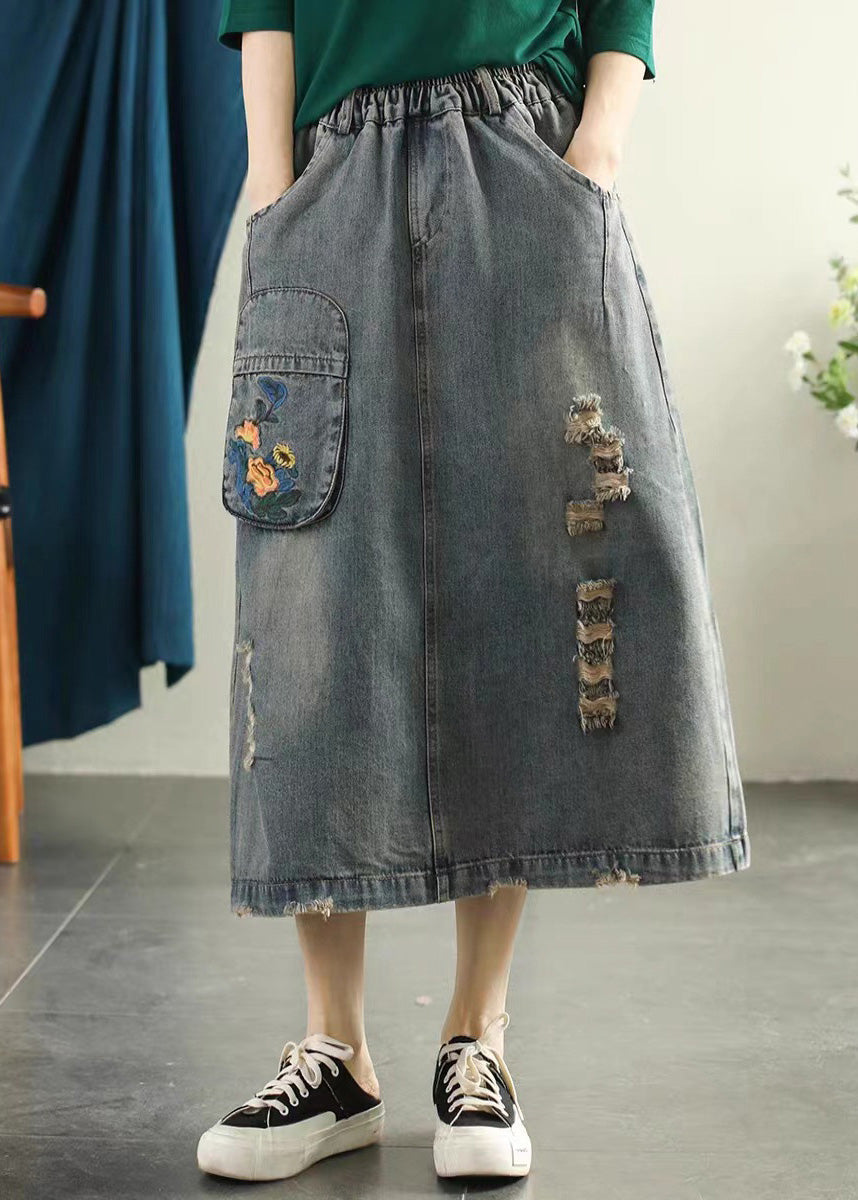 Vintage Light Blue Embroideried Patchwork Cotton Long Skirt Summer Ada Fashion