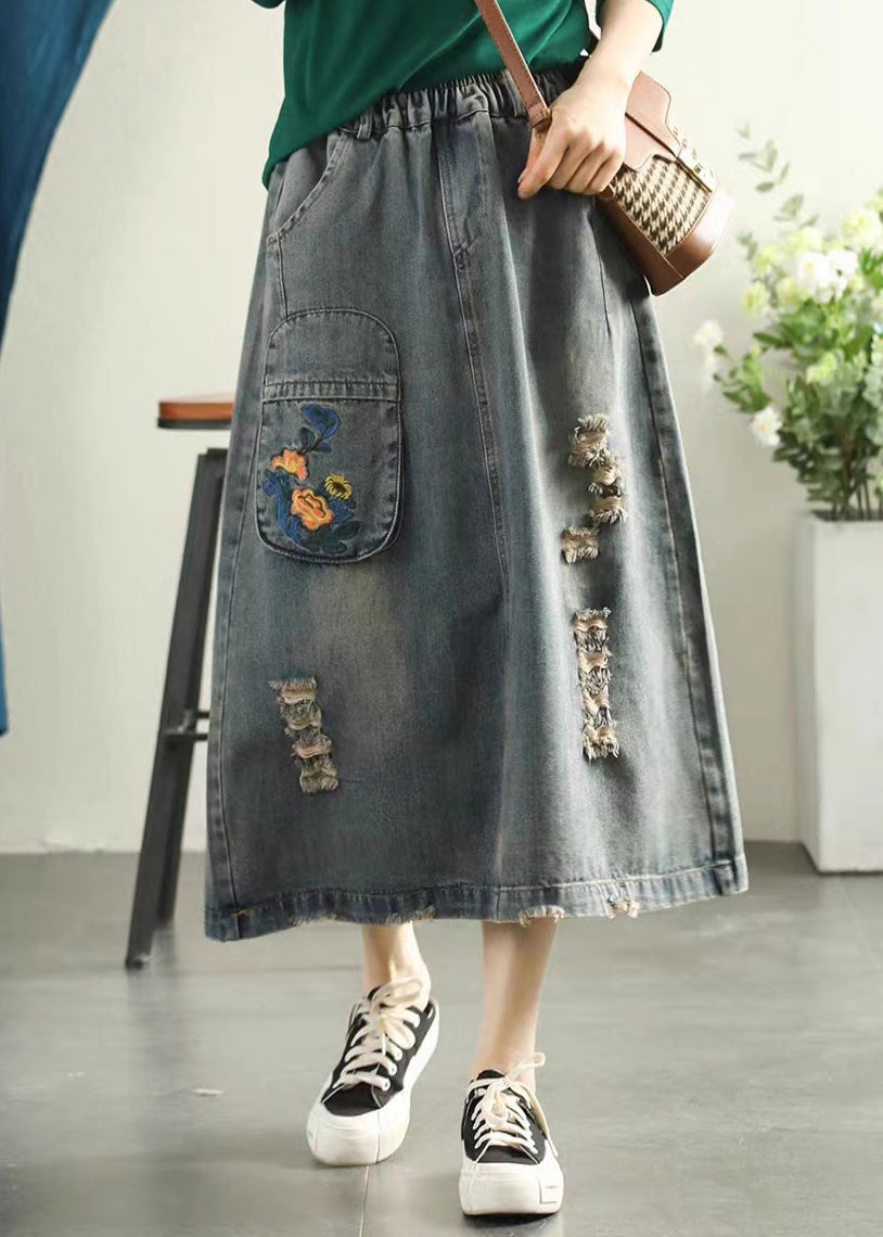 Vintage Light Blue Embroideried Patchwork Cotton Long Skirt Summer Ada Fashion