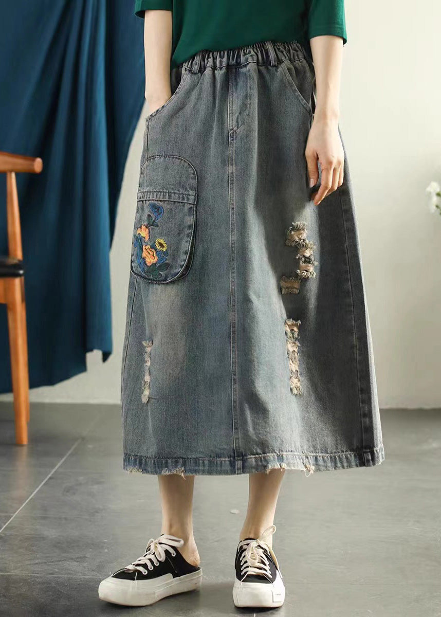 Vintage Light Blue Embroideried Patchwork Cotton Long Skirt Summer Ada Fashion