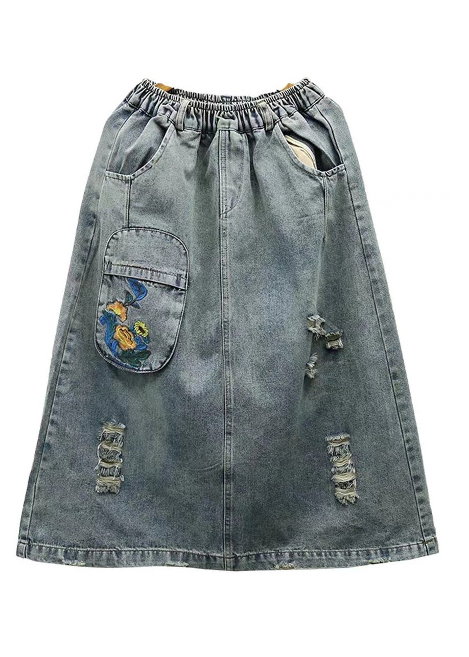 Vintage Light Blue Embroideried Patchwork Cotton Long Skirt Summer Ada Fashion