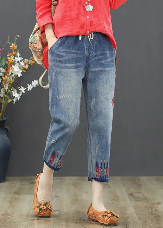 Vintage Light Blue Embroideried Tie Waist Crop Jeans Summer LY7916 Ada Fashion