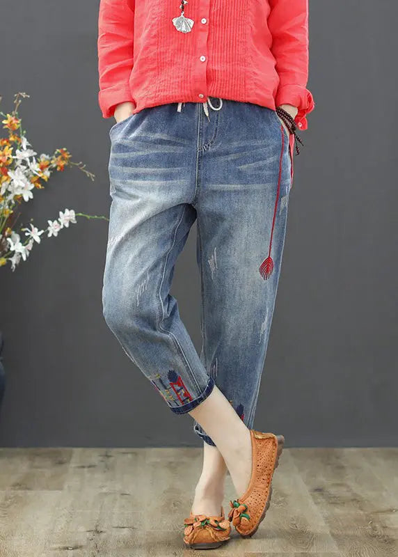 Vintage Light Blue Embroideried Tie Waist Crop Jeans Summer LY7916 Ada Fashion