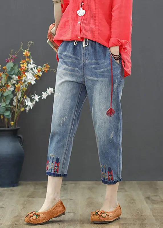 Vintage Light Blue Embroideried Tie Waist Crop Jeans Summer LY7916 Ada Fashion