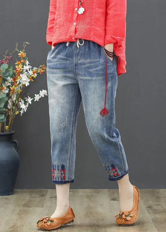 Vintage Light Blue Embroideried Tie Waist Crop Jeans Summer LY7916 Ada Fashion