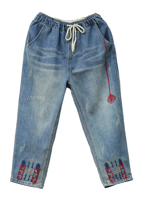 Vintage Light Blue Embroideried Tie Waist Crop Jeans Summer LY7916 Ada Fashion