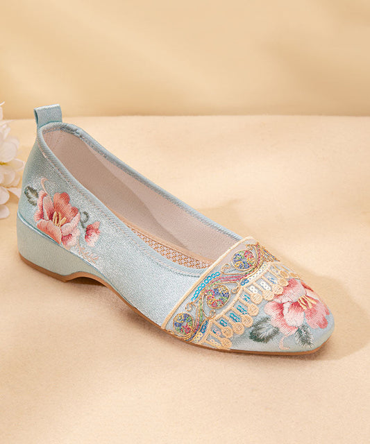 Vintage Light Blue Satin Embroideried Shoes Splicing Wedge Pointed Toe LY7702 Ada Fashion