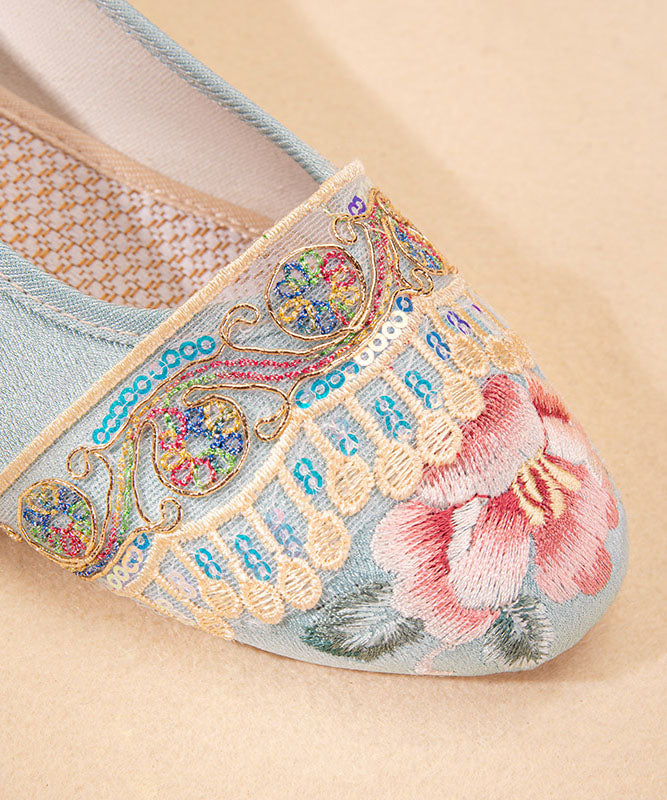 Vintage Light Blue Satin Embroideried Shoes Splicing Wedge Pointed Toe LY7702 Ada Fashion