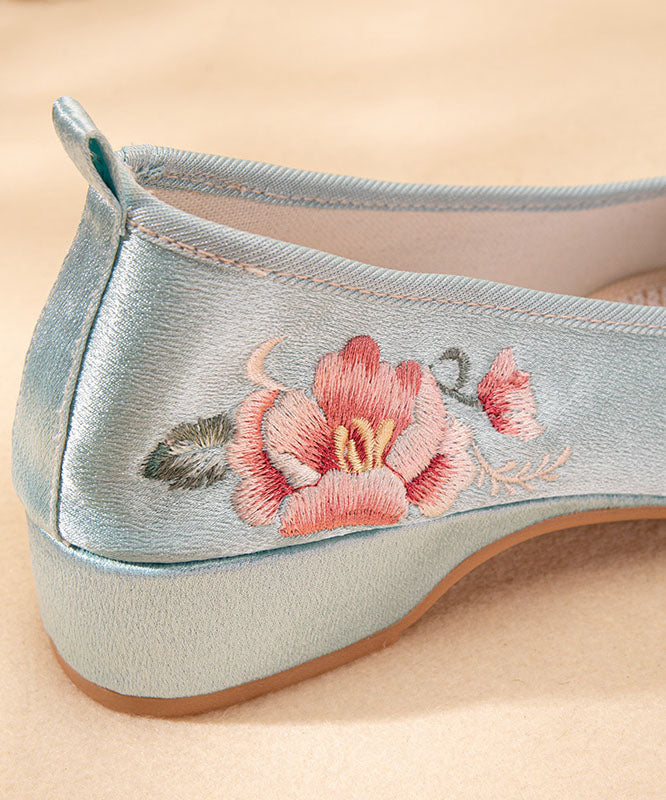 Vintage Light Blue Satin Embroideried Shoes Splicing Wedge Pointed Toe LY7702 Ada Fashion