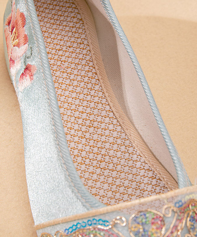Vintage Light Blue Satin Embroideried Shoes Splicing Wedge Pointed Toe LY7702 Ada Fashion