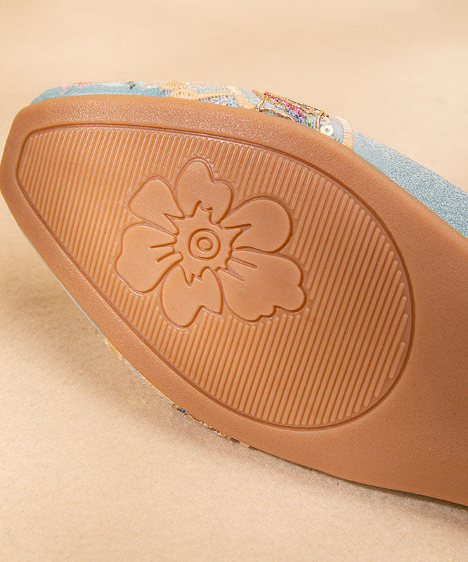 Vintage Light Blue Satin Embroideried Shoes Splicing Wedge Pointed Toe LY7702 Ada Fashion