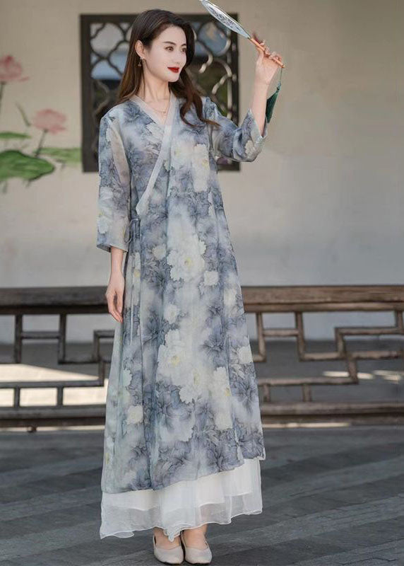 Vintage Light Blue V Neck Print Patchwork Linen Long Dresses Summer LY2542 - fabuloryshop