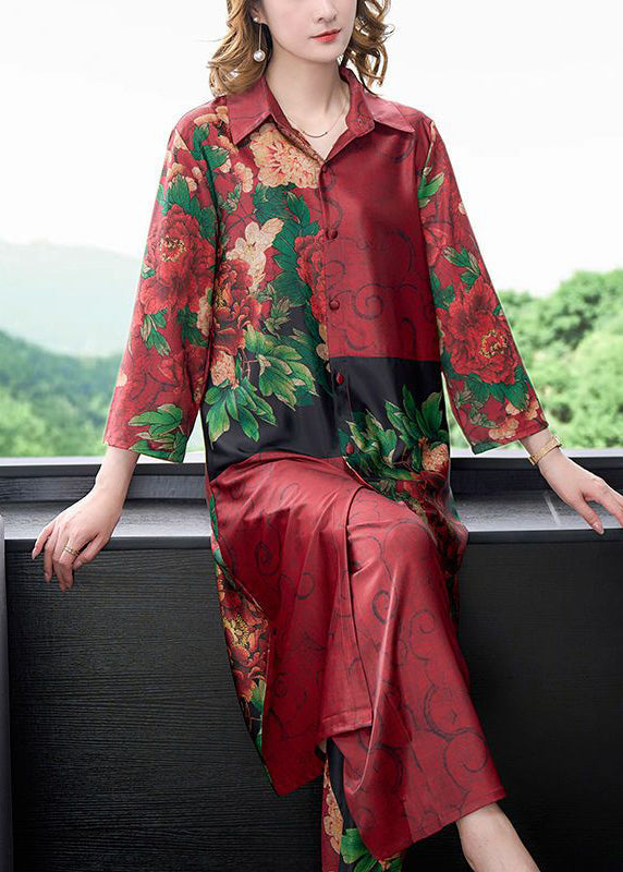 Vintage Mulberry Peter Pan Collar Print Silk Two Pieces Set Spring LY3706 - fabuloryshop