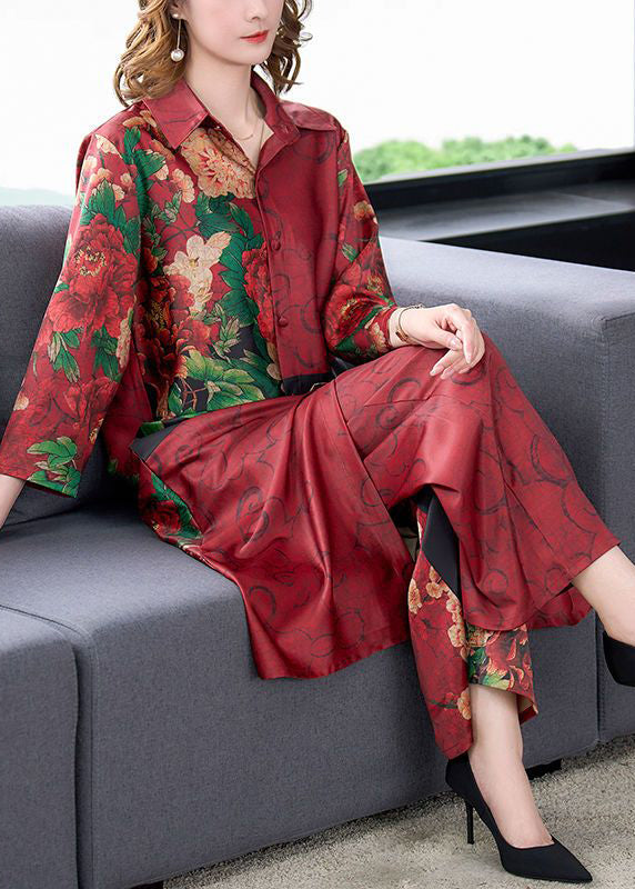 Vintage Mulberry Peter Pan Collar Print Silk Two Pieces Set Spring LY3706 - fabuloryshop