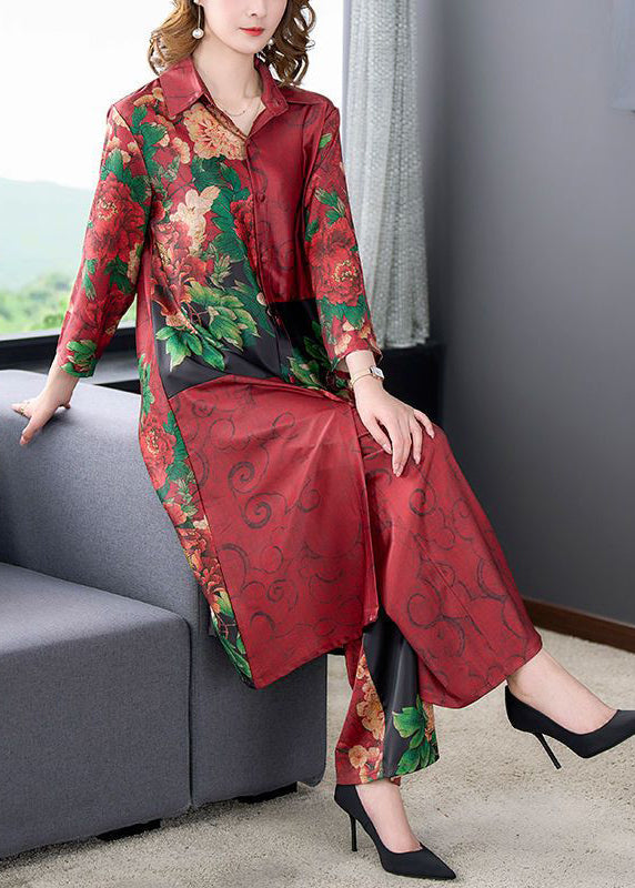 Vintage Mulberry Peter Pan Collar Print Silk Two Pieces Set Spring LY3706 - fabuloryshop