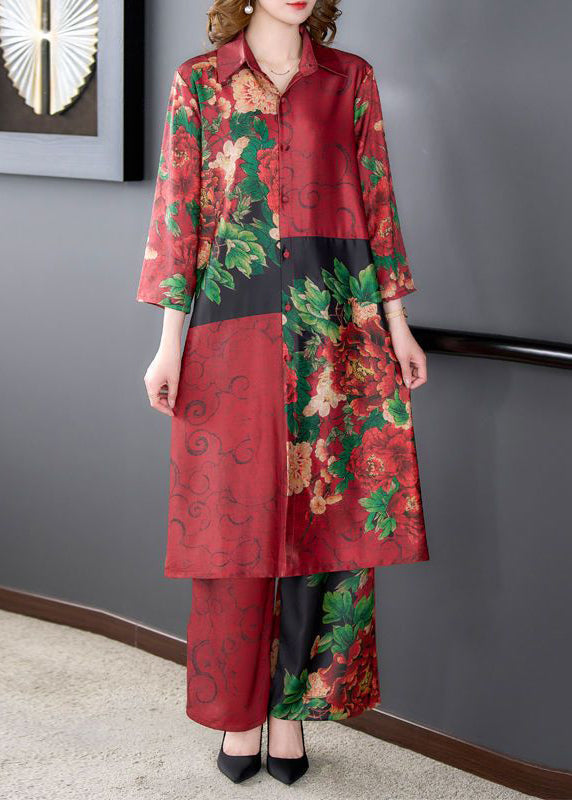 Vintage Mulberry Peter Pan Collar Print Silk Two Pieces Set Spring LY3706 - fabuloryshop