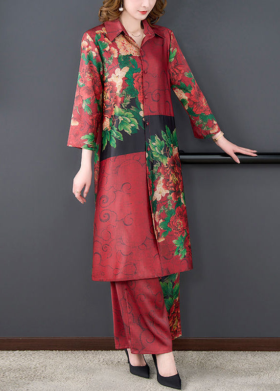 Vintage Mulberry Peter Pan Collar Print Silk Two Pieces Set Spring LY3706 - fabuloryshop