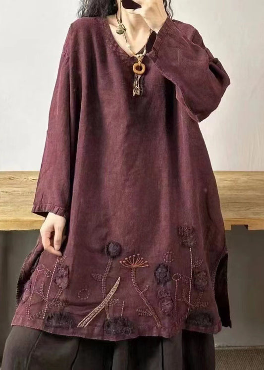Vintage Mulberry V Neck Embroideried Patchwork Linen Mid Dresses Fall Ada Fashion