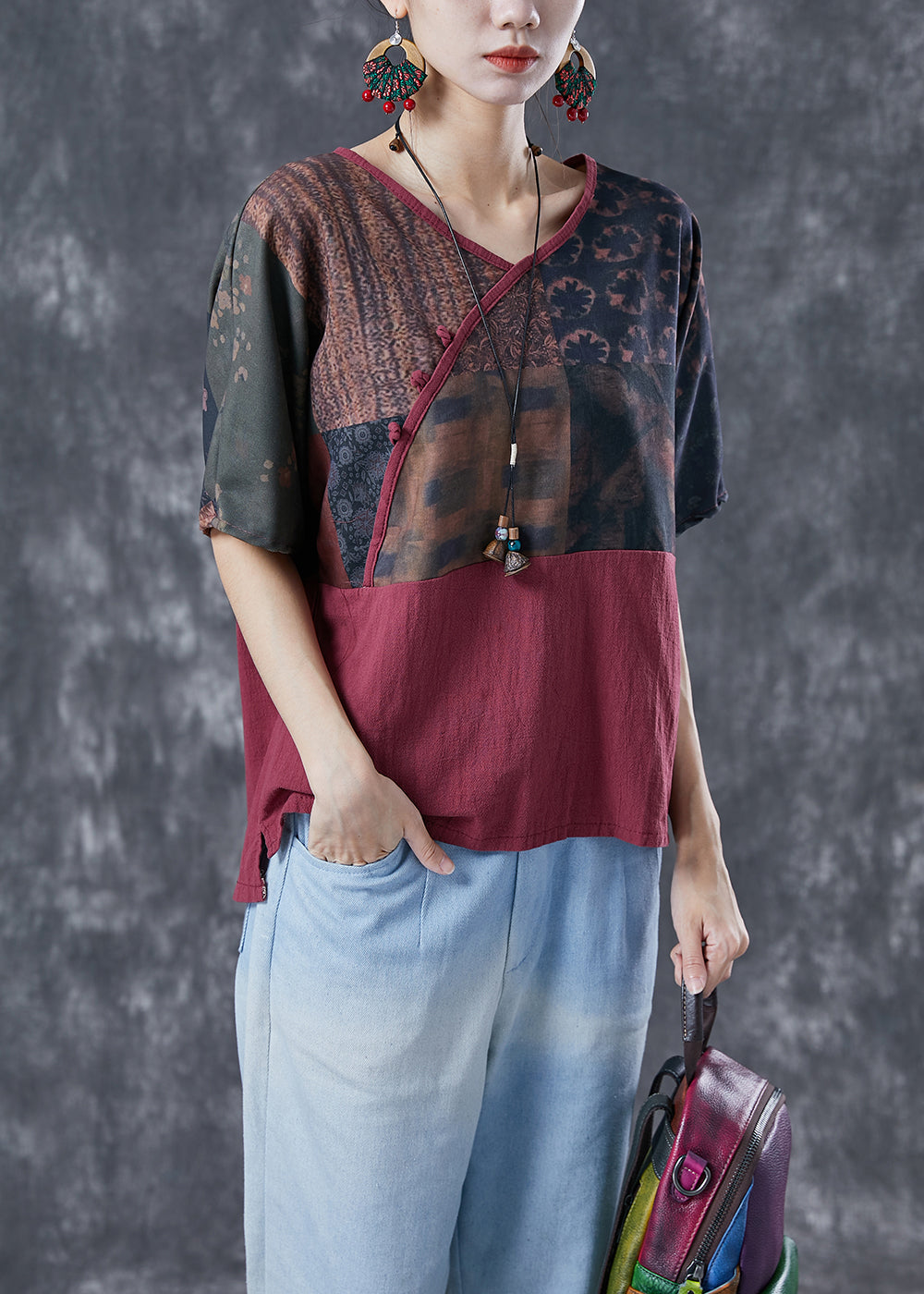 Vintage Mulberry V Neck Patchwork Print Linen Shirt Summer LY4126 - fabuloryshop