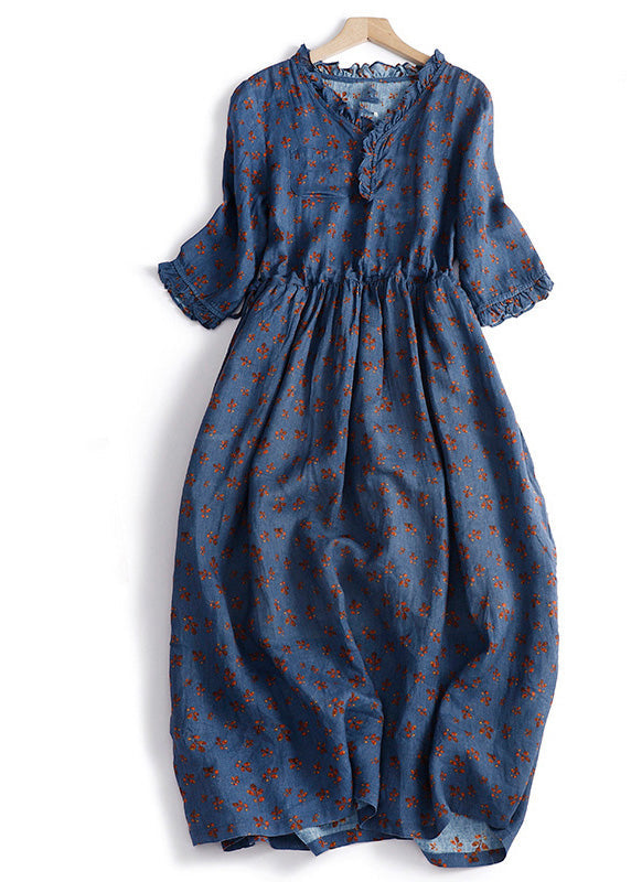 Vintage Navy Blue Ruffled Patchwork Print Drawstring Maxi Dresses Short Sleeve LY4486 - fabuloryshop