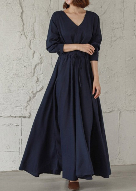 Vintage Navy Cinched V Neck Cinched Cotton Maxi Dresses Fall LY2107 - fabuloryshop