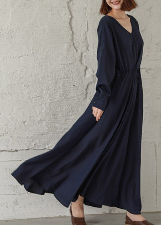 Vintage Navy Cinched V Neck Cinched Cotton Maxi Dresses Fall LY2107 - fabuloryshop