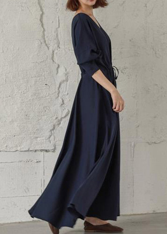 Vintage Navy Cinched V Neck Cinched Cotton Maxi Dresses Fall LY2107 - fabuloryshop