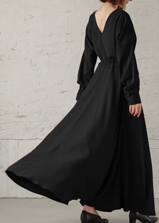 Vintage Navy Cinched V Neck Cinched Cotton Maxi Dresses Fall LY2107 - fabuloryshop