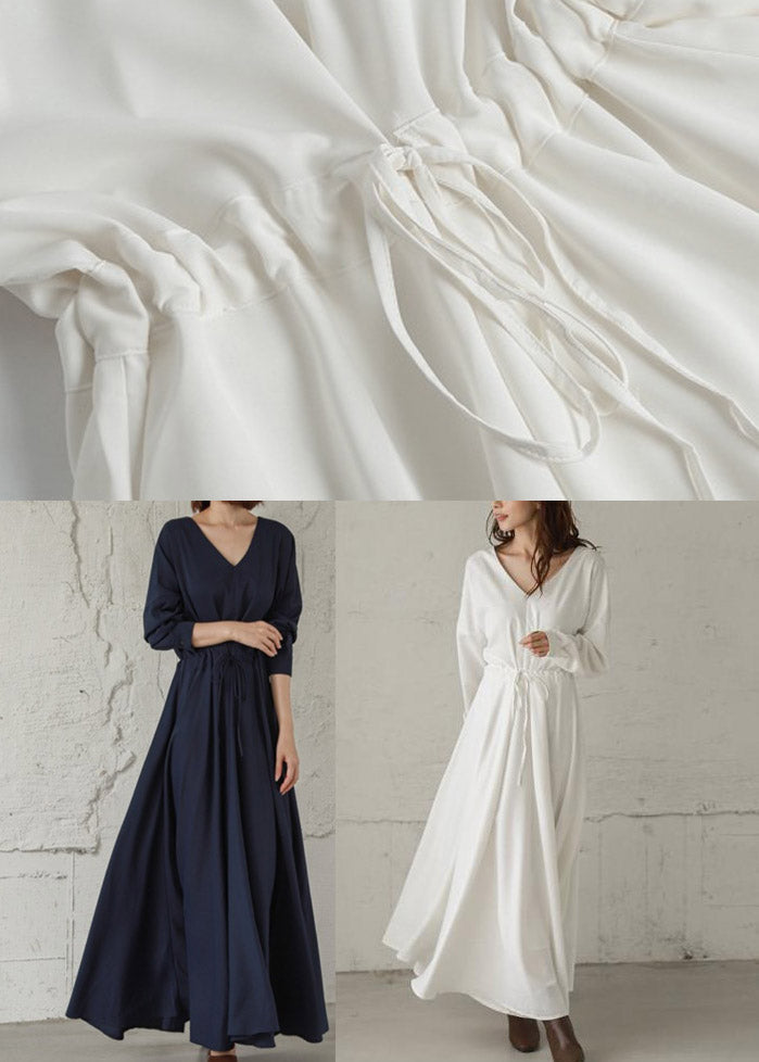 Vintage Navy Cinched V Neck Cinched Cotton Maxi Dresses Fall LY2107 - fabuloryshop