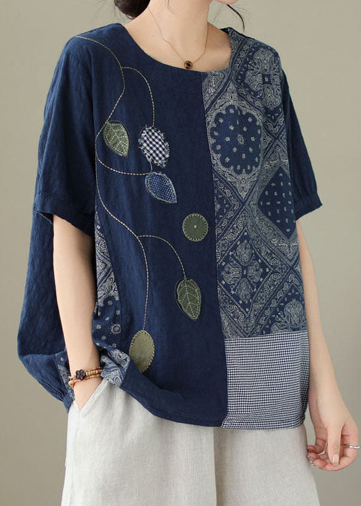 Vintage Navy Embroideried Print Patchwork Cotton T Shirt Tops Summer LY3931 - fabuloryshop