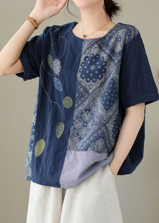 Vintage Navy Embroideried Print Patchwork Cotton T Shirt Tops Summer LY3931 - fabuloryshop